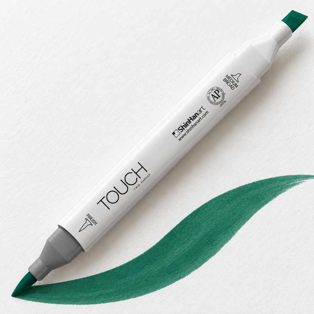 Imagen referencial de uso ShinHan TOUCH TWIN BRUSH BG52 DEEP GREEN, cuerpo blanco y doble punta pincel y cincel. Presentación por unidad.