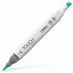Imagen referencial del marcador ShinHan TOUCH TWIN BRUSH BG57 TURQUOISE GREEN LIGHT, cuerpo blanco y doble punta pincel y cincel. Presentación por unidad.