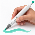 Imagen referencial de uso del marcador ShinHan TOUCH TWIN BRUSH BG57 TURQUOISE GREEN LIGHT, cuerpo blanco y doble punta pincel y cincel. Presentación por unidad.