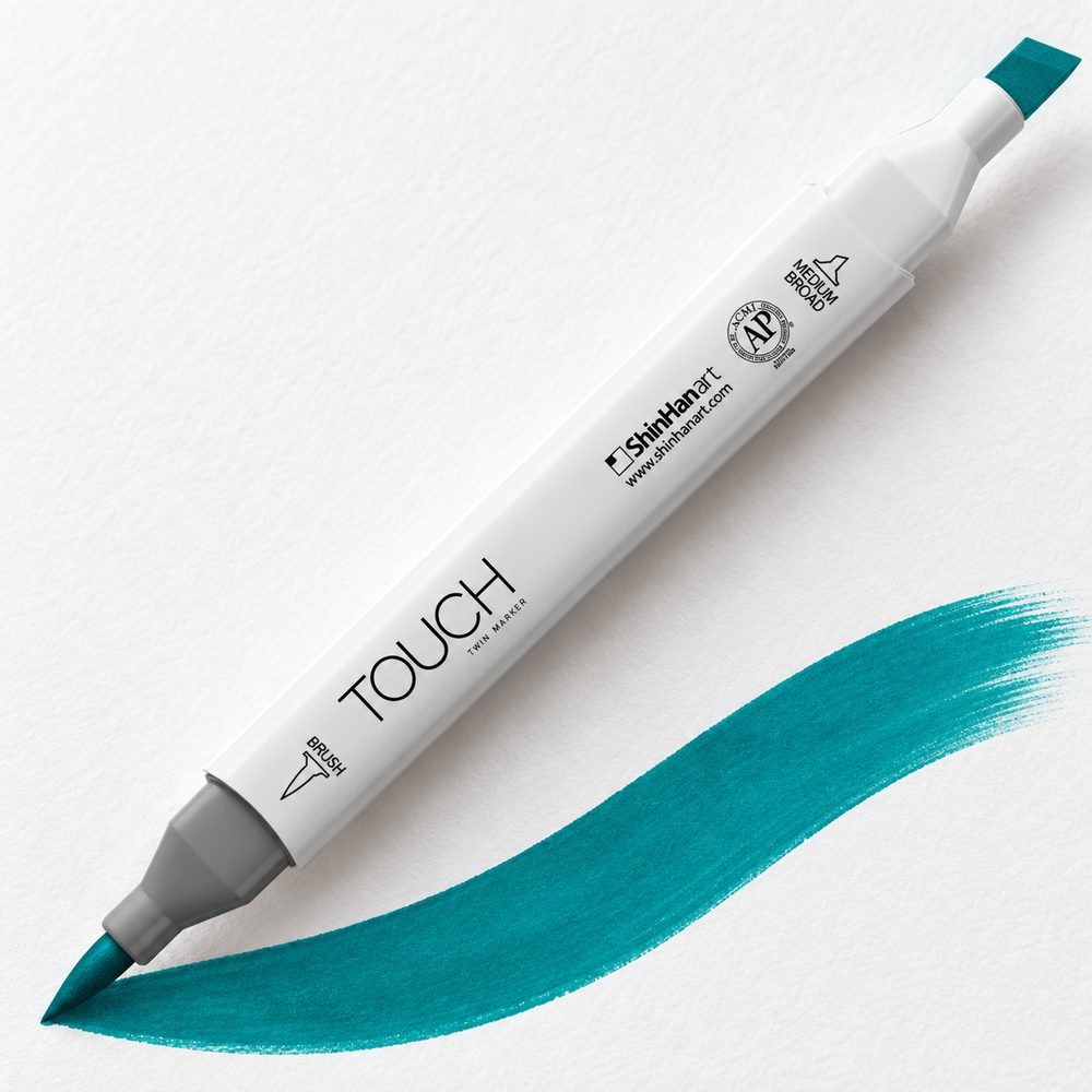 Imagen referencial de uso ShinHan TOUCH TWIN BRUSH BG61 PEACOCK GREEN, cuerpo blanco y doble punta pincel y cincel. Presentación por unidad.