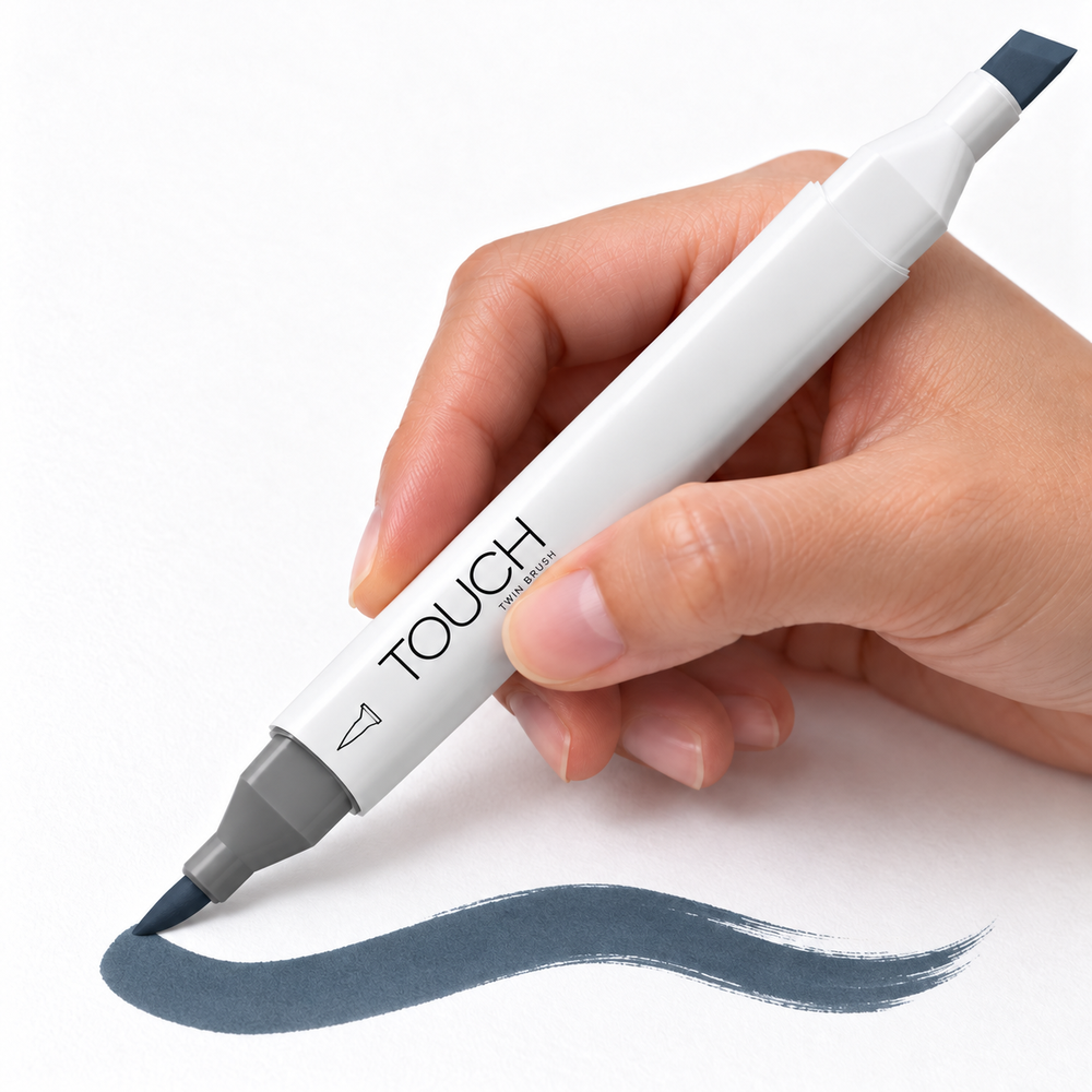 Marcador ShinHan TOUCH TWIN BRUSH BG9 BLUE GREY, en uso, imagen referencial