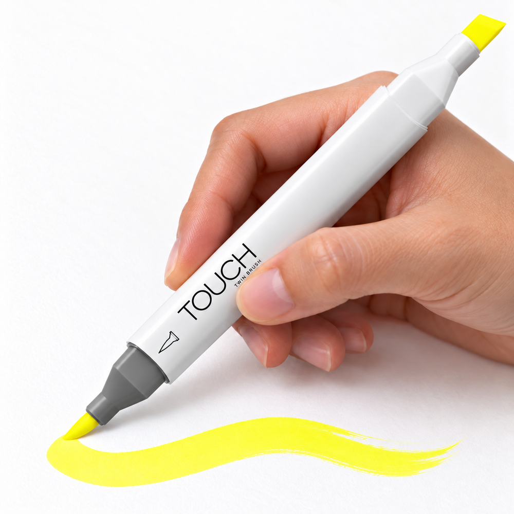 Imagen referencial de uso del marcador ShinHan TOUCH TWIN BRUSH F123 FLUORESCENT YELLOW, cuerpo blanco y doble punta pincel y cincel. Presentación por unidad.