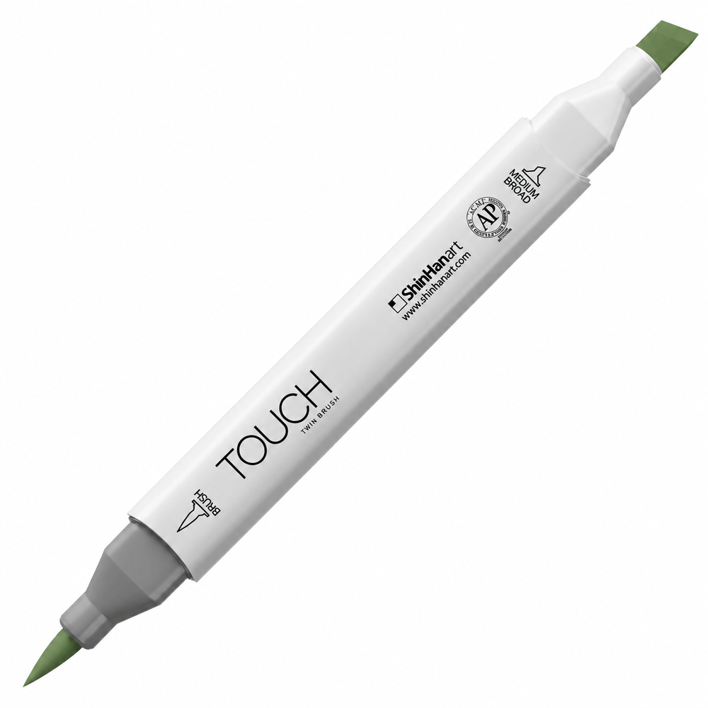 Imagen referencial del marcador ShinHan TOUCH TWIN BRUSH G43 DEEP OLIVE GREEN, cuerpo blanco y doble punta pincel y cincel. Presentación por unidad.
