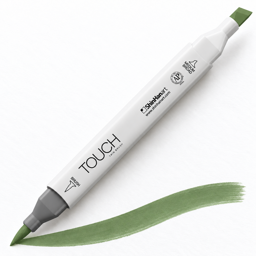 Imagen referencial de uso ShinHan TOUCH TWIN BRUSH G43 DEEP OLIVE GREEN, cuerpo blanco y doble punta pincel y cincel. Presentación por unidad.