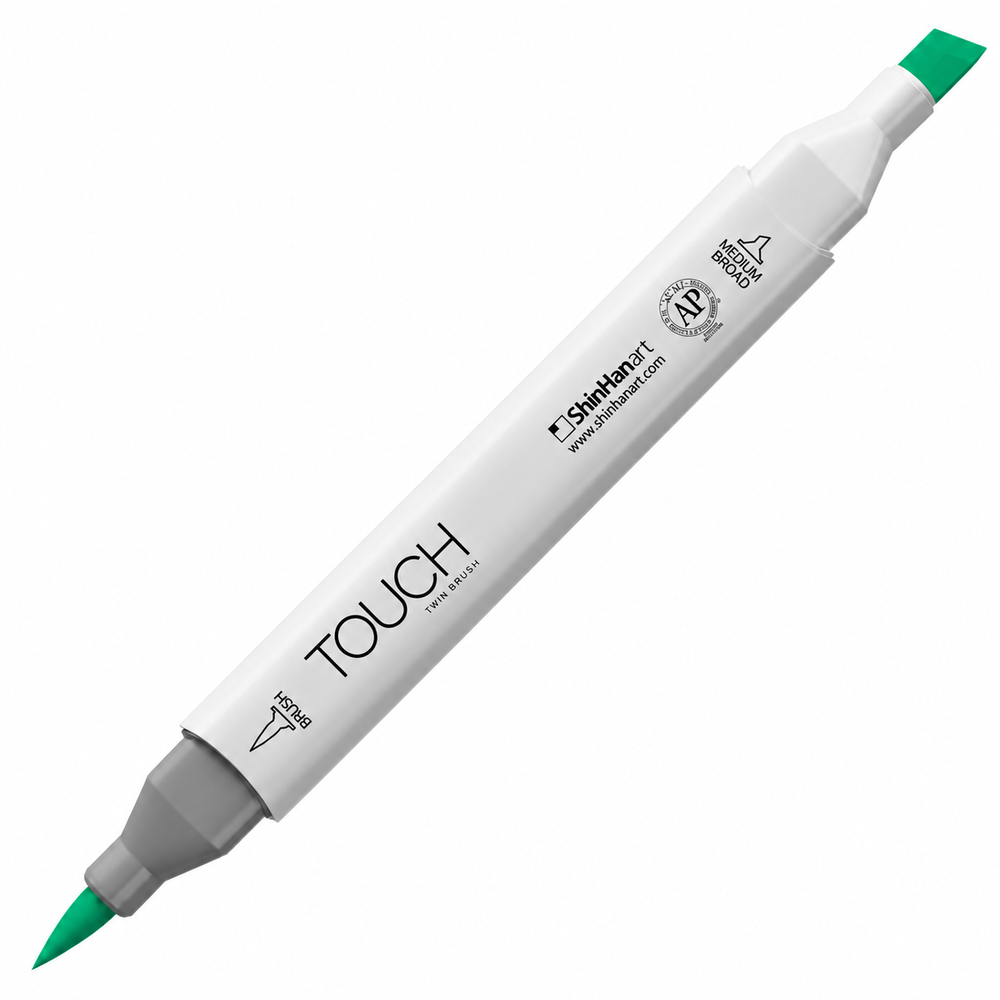 Imagen referencial del marcador ShinHan TOUCH TWIN BRUSH G55 EMERALD GREEN, cuerpo blanco y doble punta pincel y cincel. Presentación por unidad.