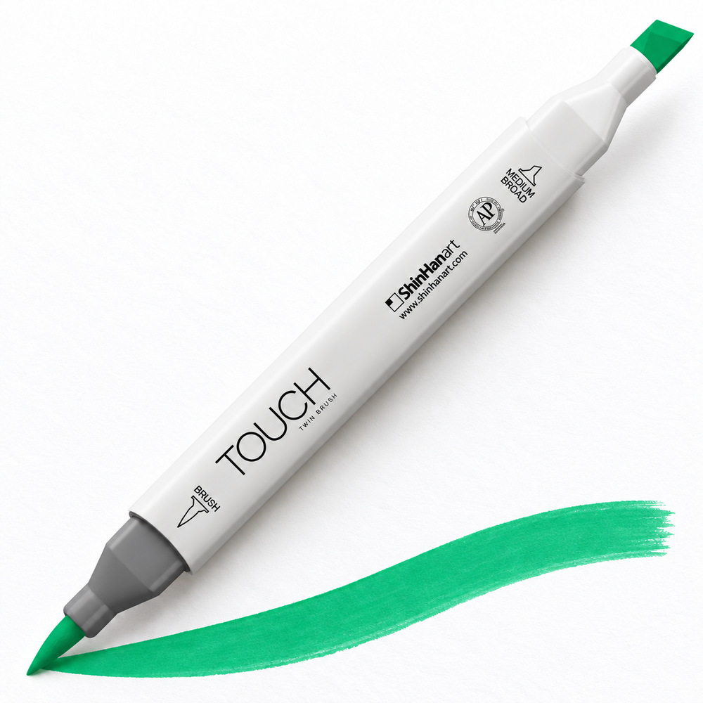 Imagen referencial de uso ShinHan TOUCH TWIN BRUSH G55 EMERALD GREEN, cuerpo blanco y doble punta pincel y cincel. Presentación por unidad.