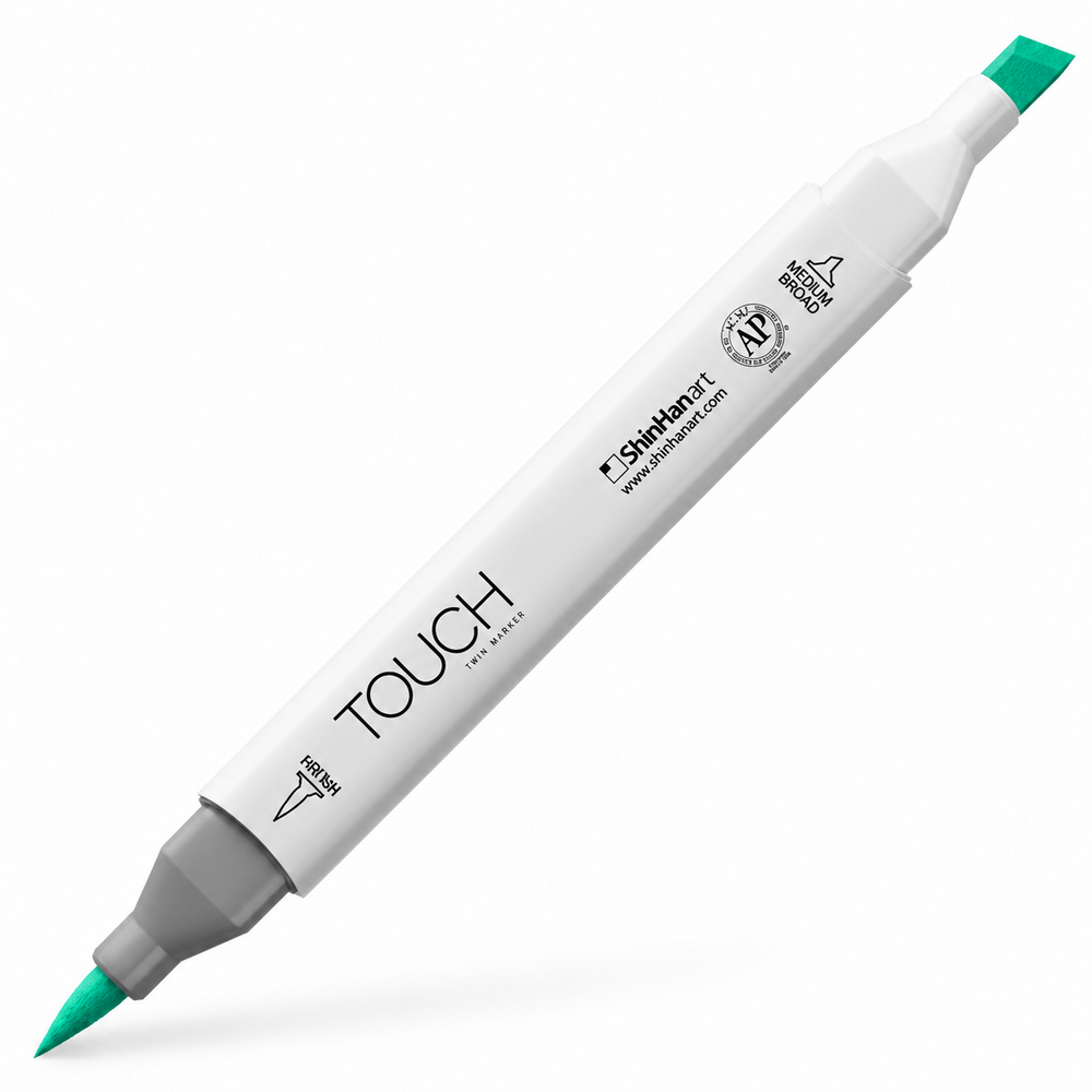 Imagen referencial del marcador ShinHan TOUCH TWIN BRUSH G58 MINT GREEN LIGHT, cuerpo blanco y doble punta pincel y cincel. Presentación por unidad.