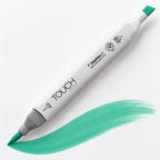 Imagen referencial de uso ShinHan TOUCH TWIN BRUSH G58 MINT GREEN LIGHT, cuerpo blanco y doble punta pincel y cincel. Presentación por unidad.