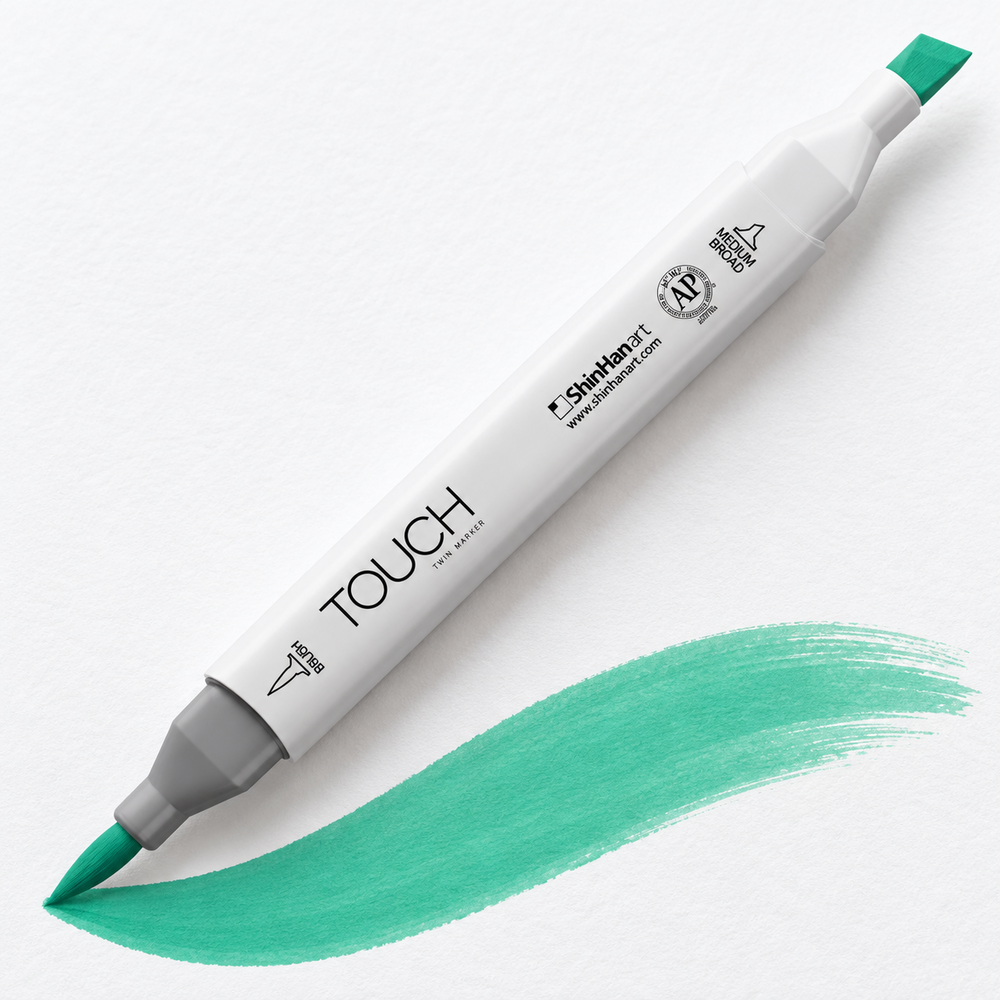 Imagen referencial de uso ShinHan TOUCH TWIN BRUSH G58 MINT GREEN LIGHT, cuerpo blanco y doble punta pincel y cincel. Presentación por unidad.