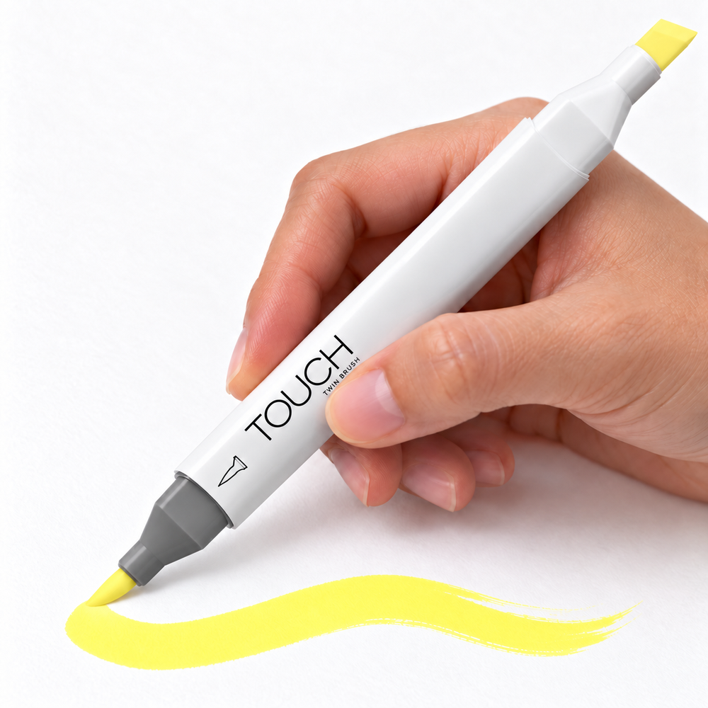 Imagen referencial de uso ShinHan TOUCH TWIN BRUSH GY163 GREEN BICE, cuerpo blanco y doble punta pincel y cincel. Presentación por unidad.