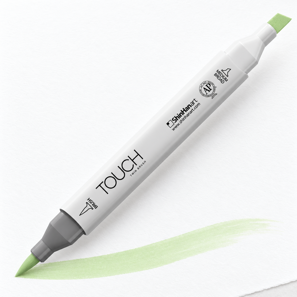 Imagen referencial de uso ShinHan TOUCH TWIN BRUSH GY167 PALE GREEN LIGHT, cuerpo blanco y doble punta pincel y cincel. Presentación por unidad.