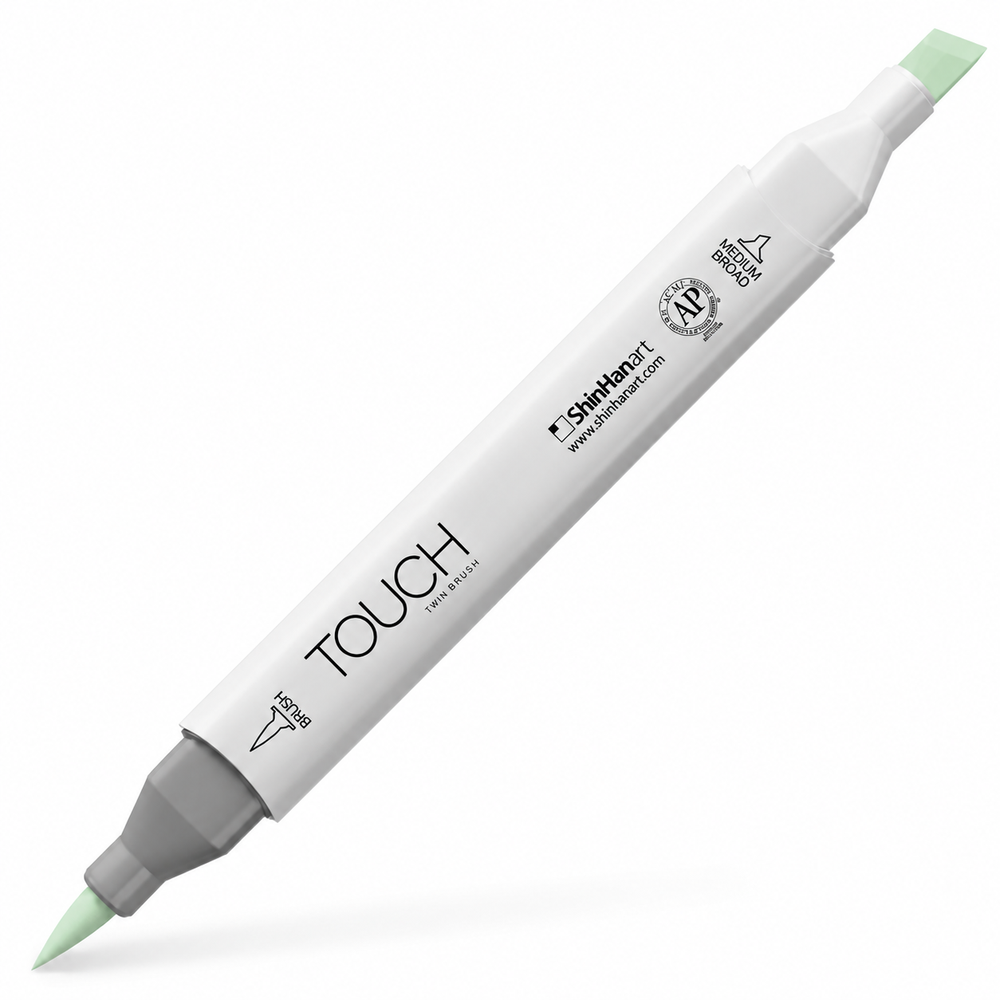 Imagen referencial del marcador ShinHan TOUCH TWIN BRUSH GY172 SPECTRUM GREEN, cuerpo blanco y doble punta pincel y cincel. Presentación por unidad.