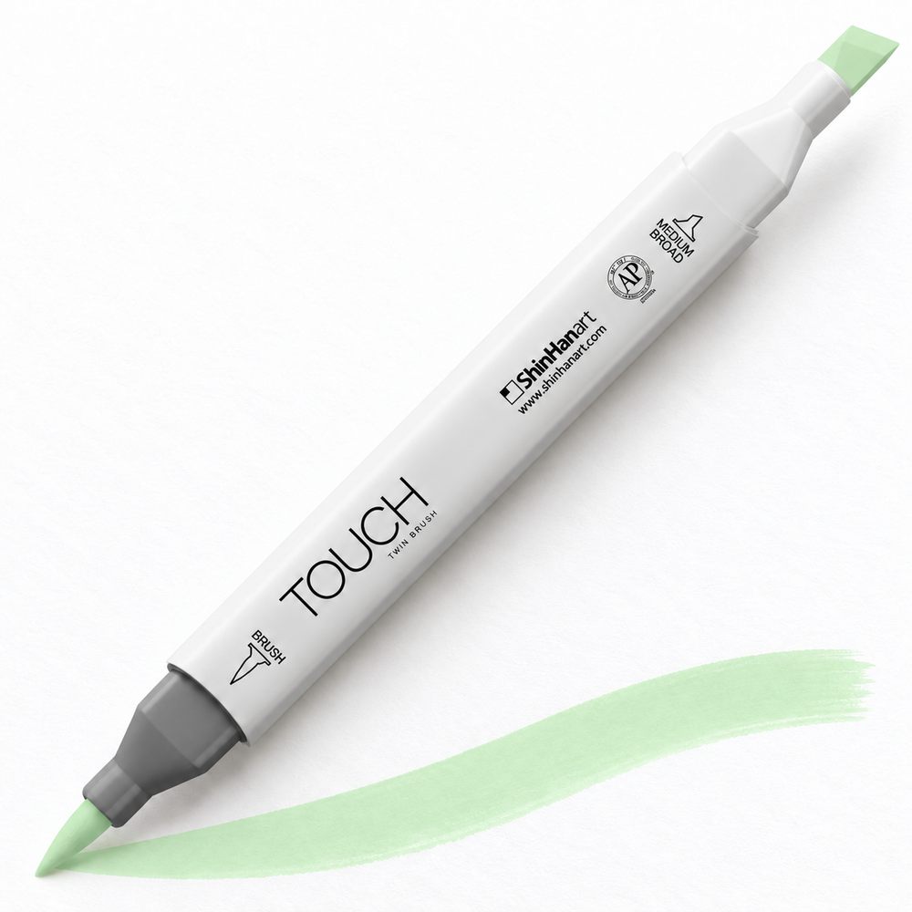 Imagen referencial de uso ShinHan TOUCH TWIN BRUSH GY172 SPECTRUM GREEN, cuerpo blanco y doble punta pincel y cincel. Presentación por unidad.