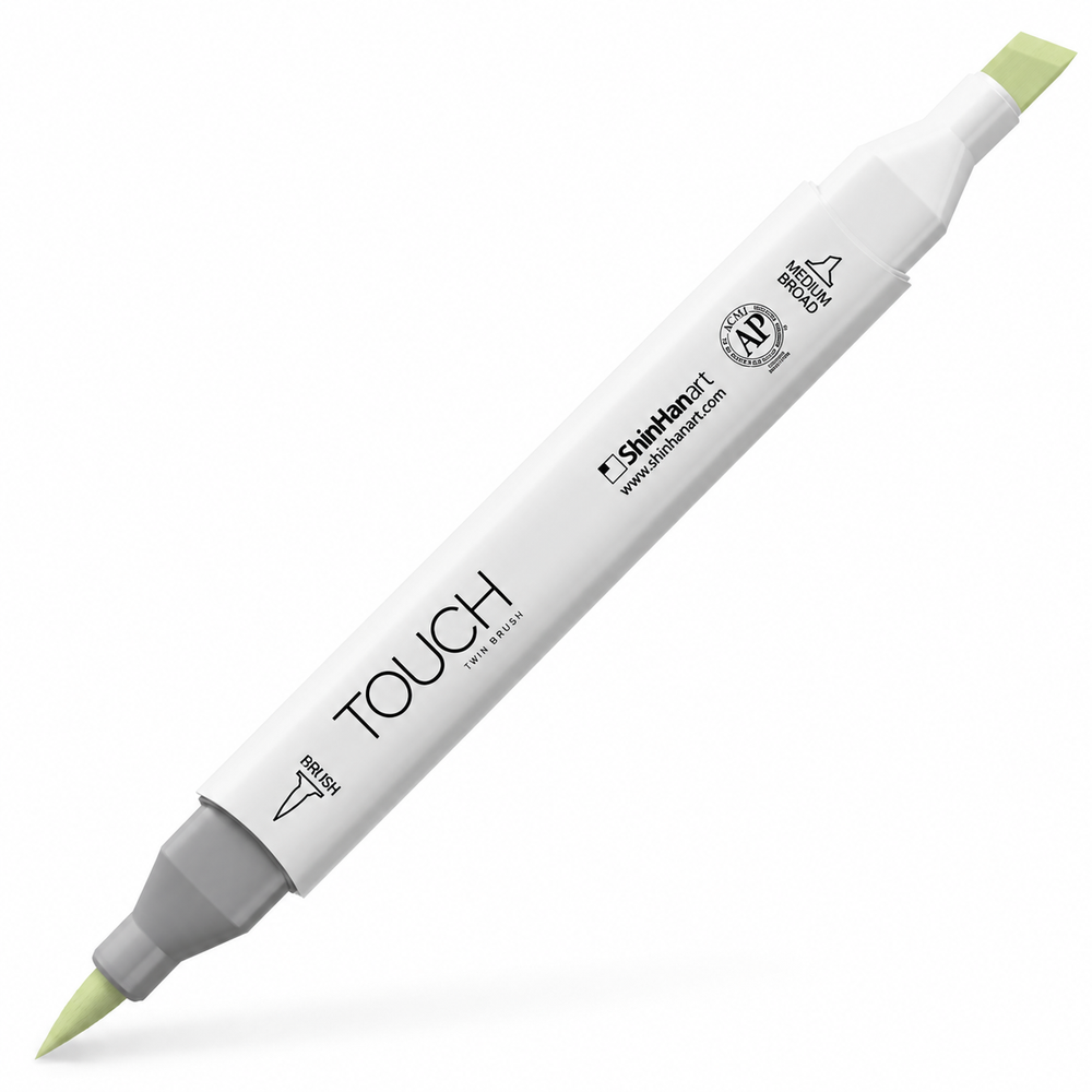 Imagen referencial del marcador ShinHan TOUCH TWIN BRUSH GY173 DIM GREEN, cuerpo blanco y doble punta pincel y cincel. Presentación por unidad.