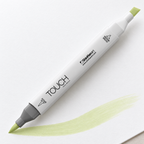 Imagen referencial de uso ShinHan TOUCH TWIN BRUSH GY173 DIM GREEN, cuerpo blanco y doble punta pincel y cincel. Presentación por unidad.