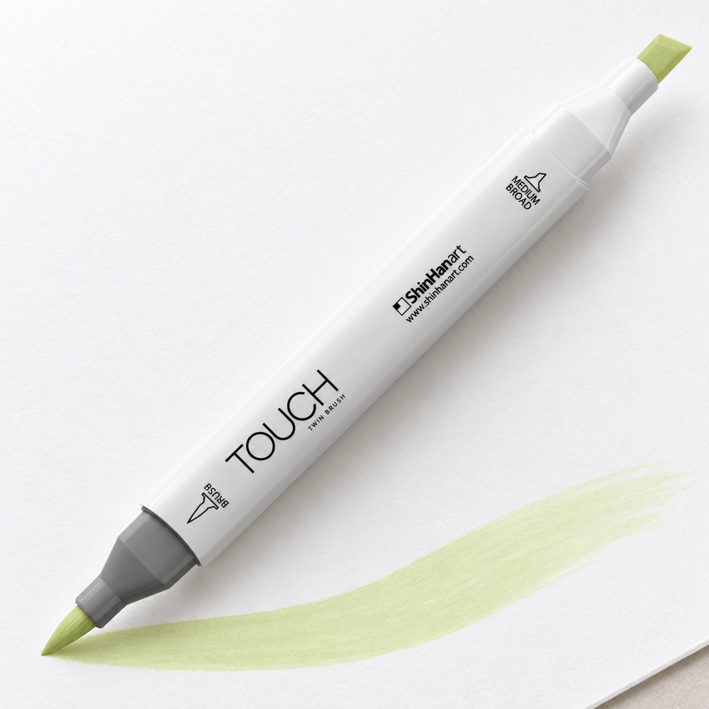 Imagen referencial de uso ShinHan TOUCH TWIN BRUSH GY173 DIM GREEN, cuerpo blanco y doble punta pincel y cincel. Presentación por unidad.
