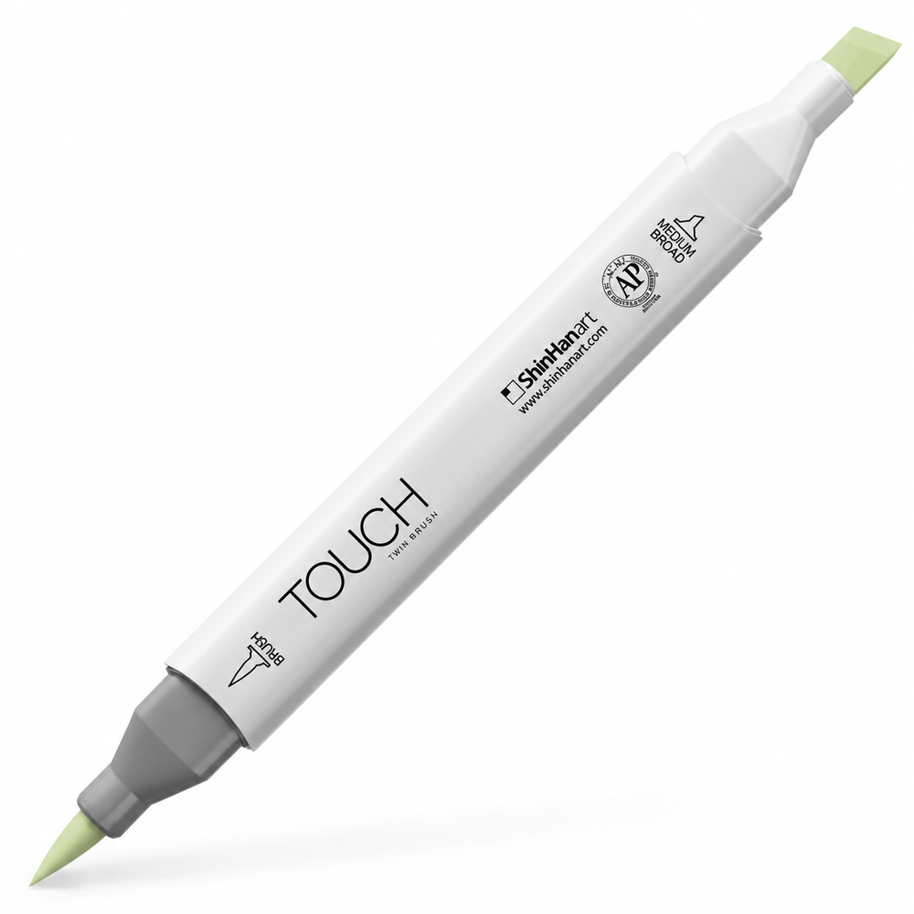 Imagen referencial del marcador ShinHan TOUCH TWIN BRUSH GY174 SPRING DIM GREEN, cuerpo blanco y doble punta pincel y cincel. Presentación por unidad.