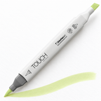 Imagen referencial de uso ShinHan TOUCH TWIN BRUSH GY174 SPRING DIM GREEN, cuerpo blanco y doble punta pincel y cincel. Presentación por unidad.