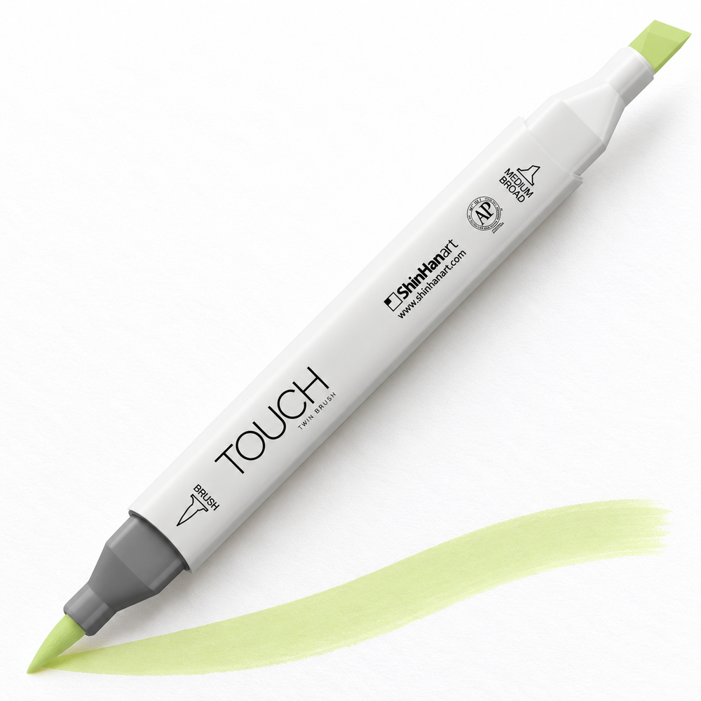 Imagen referencial de uso ShinHan TOUCH TWIN BRUSH GY174 SPRING DIM GREEN, cuerpo blanco y doble punta pincel y cincel. Presentación por unidad.