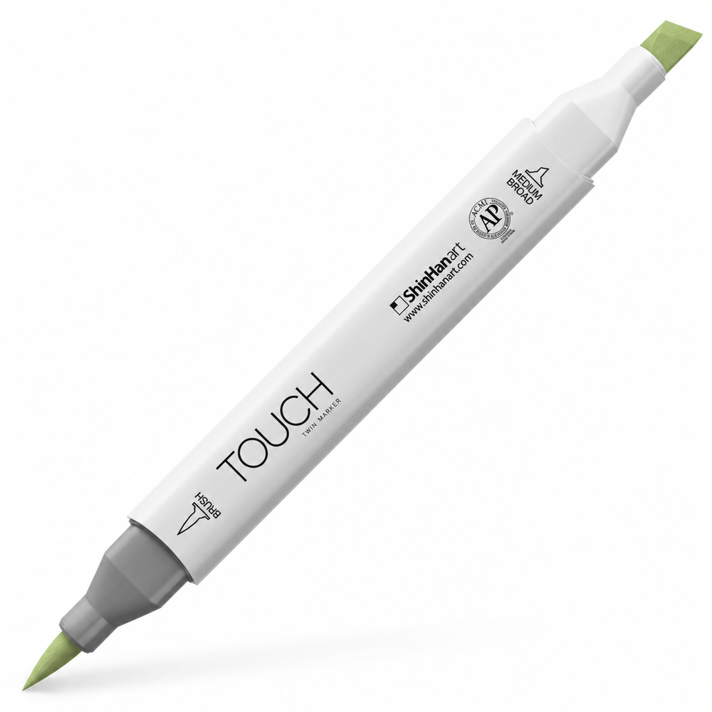 Imagen referencial del marcador ShinHan TOUCH TWIN BRUSH GY175 LIME GREEN, cuerpo blanco y doble punta pincel y cincel. Presentación por unidad.
