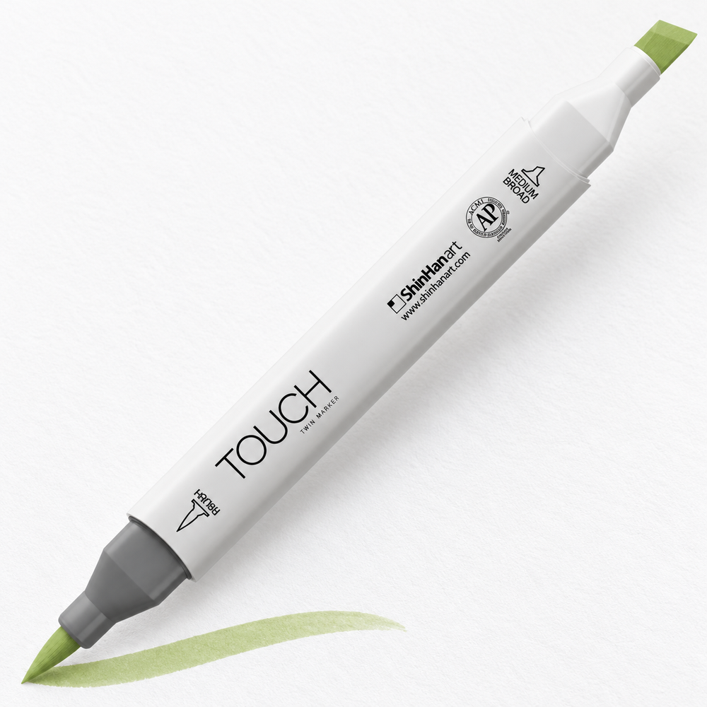 Imagen referencial de uso ShinHan TOUCH TWIN BRUSH GY175 LIME GREEN, cuerpo blanco y doble punta pincel y cincel. Presentación por unidad.