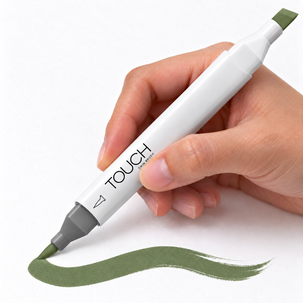 Imagen referencial de uso ShinHan TOUCH TWIN BRUSH GY231 SEAWEED GREEN, cuerpo blanco y doble punta pincel y cincel. Presentación por unidad.