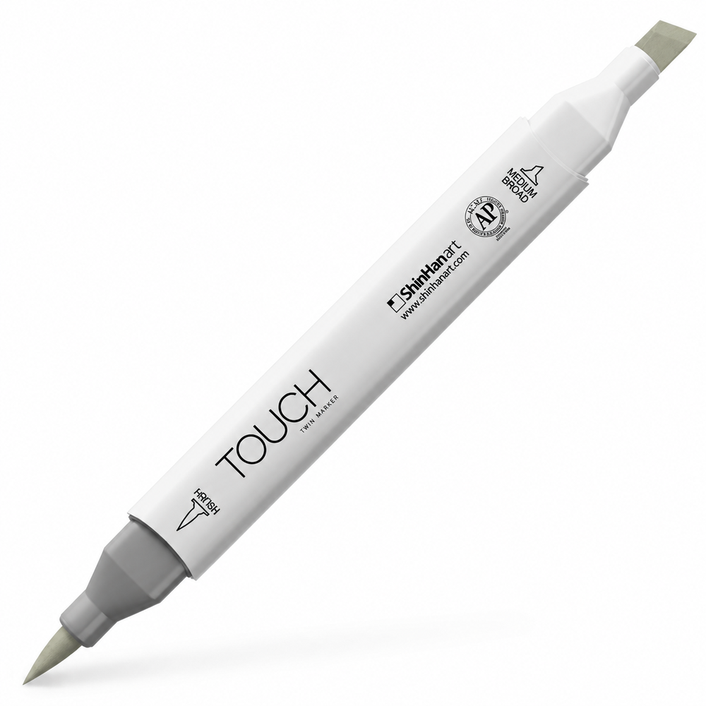 Imagen referencial del marcador ShinHan TOUCH TWIN BRUSH GY232 GRAYISH GREEN PALE, cuerpo blanco y doble punta pincel y cincel. Presentación por unidad.
