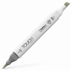 Imagen referencial del marcador ShinHan TOUCH TWIN BRUSH GY233 GRAYISH OLIVE GREEN, cuerpo blanco y doble punta pincel y cincel. Presentación por unidad.