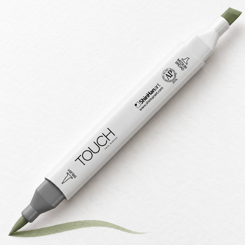 Imagen referencial de uso ShinHan TOUCH TWIN BRUSH GY233 GRAYISH OLIVE GREEN, cuerpo blanco y doble punta pincel y cincel. Presentación por unidad.