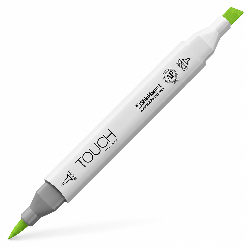 Imagen referencial del marcador ShinHan TOUCH TWIN BRUSH GY234 LEAF GREEN, cuerpo blanco y doble punta pincel y cincel. Presentación por unidad.