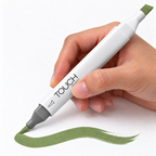 Imagen referencial de uso ShinHan TOUCH TWIN BRUSH GY235 SAP GREEN, cuerpo blanco y doble punta pincel y cincel. Presentación por unidad.