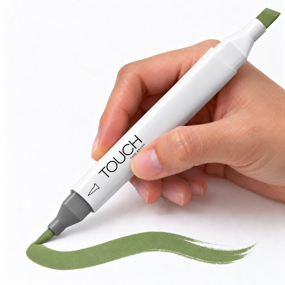 Imagen referencial de uso ShinHan TOUCH TWIN BRUSH GY235 SAP GREEN, cuerpo blanco y doble punta pincel y cincel. Presentación por unidad.