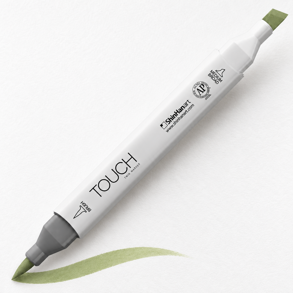 Imagen referencial de uso ShinHan TOUCH TWIN BRUSH GY237 WILLOW GREEN, cuerpo blanco y doble punta pincel y cincel. Presentación por unidad.