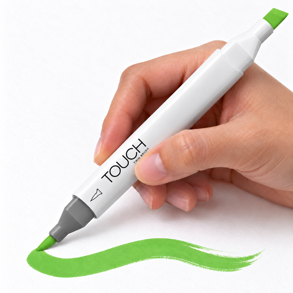 Imagen referencial de uso ShinHan TOUCH TWIN BRUSH GY47 GRASS GREEN, cuerpo blanco y doble punta pincel y cincel. Presentación por unidad.