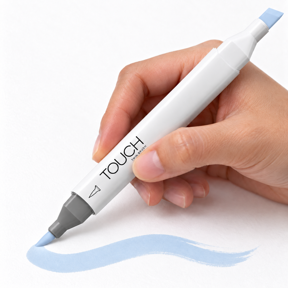 Marcador ShinHan TOUCH TWIN BRUSH PB272 GRAYISH BLUE PALE en uso, imagen referencial