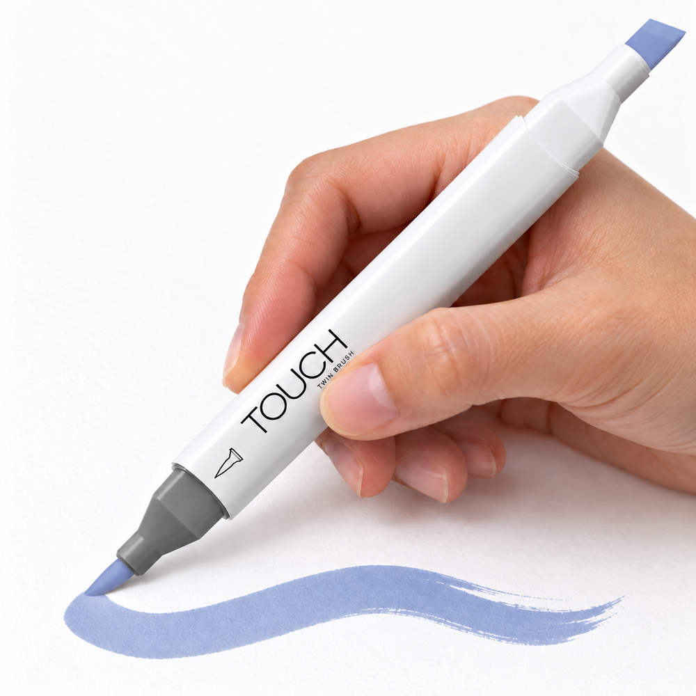 Marcador ShinHan TOUCH TWIN BRUSH PB273 BLUE BERRY, en uso, imagen referencial