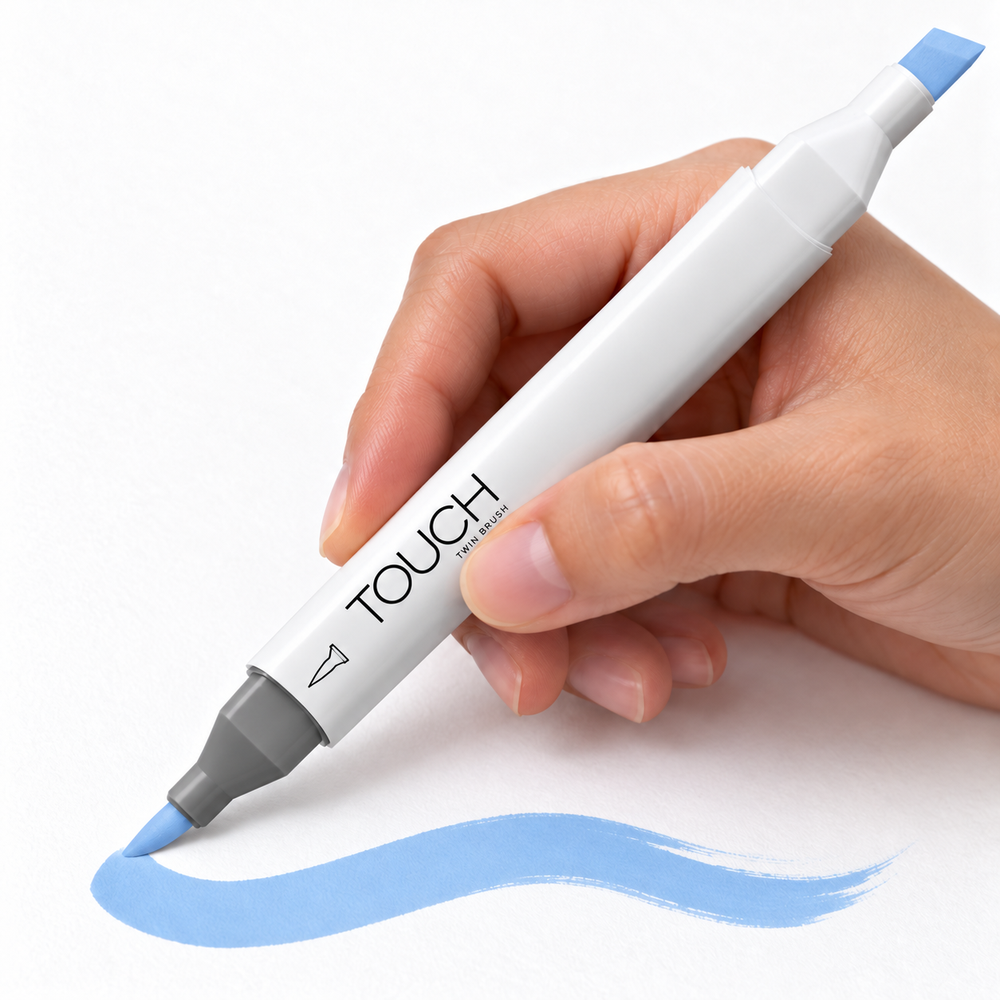Marcador ShinHan TOUCH TWIN BRUSH PB76 SKY BLUE, en uso, imagen referencial