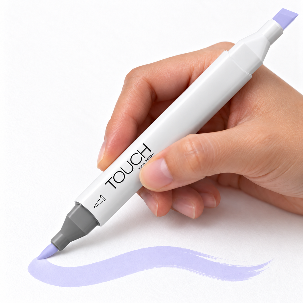 Marcador ShinHan TOUCH TWIN BRUSH PB77 PALE BLUE, en uso, imagen referencial