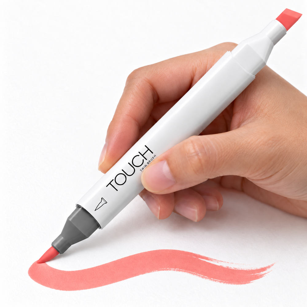 Marcador ShinHan TOUCH TWIN BRUSH R16 CORAL PINK, en uso, imagen referencial