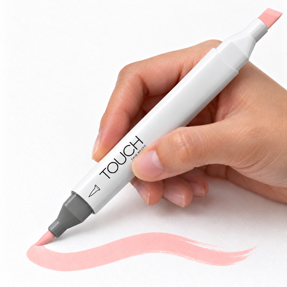 Marcador ShinHan TOUCH TWIN BRUSH R18 PEACH, en uso, imagen referencial