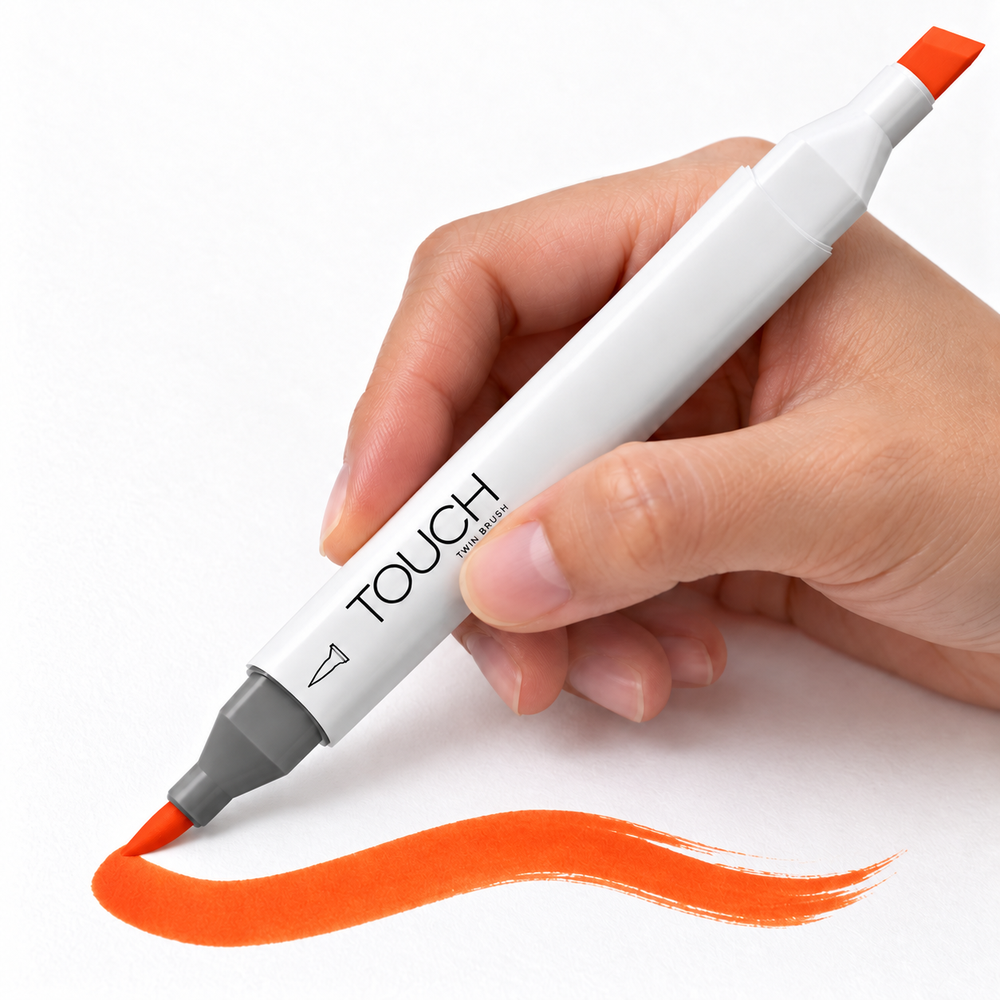 Marcador ShinHan TOUCH TWIN BRUSH R22 FRENCH VERMILION, en uso, imagen referencial