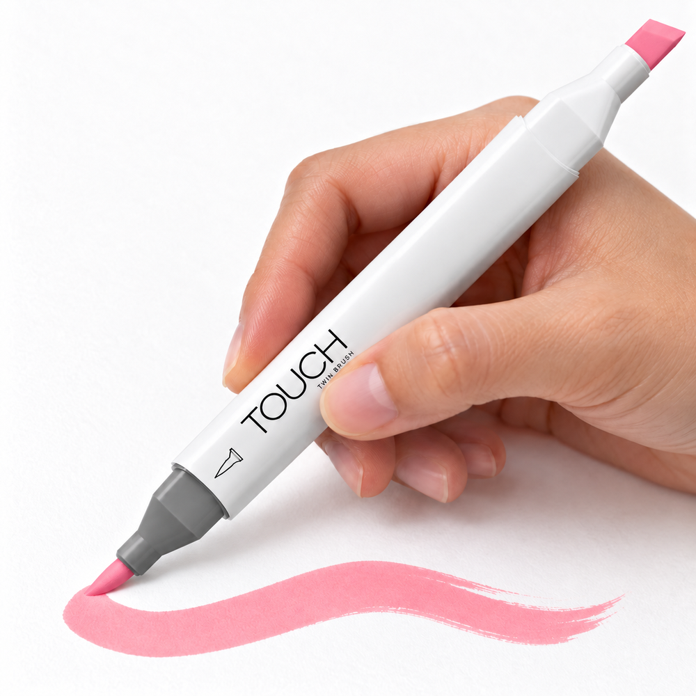 Marcador ShinHan TOUCH TWIN BRUSH R8 ROSE PINK, en uso, imagen referencial