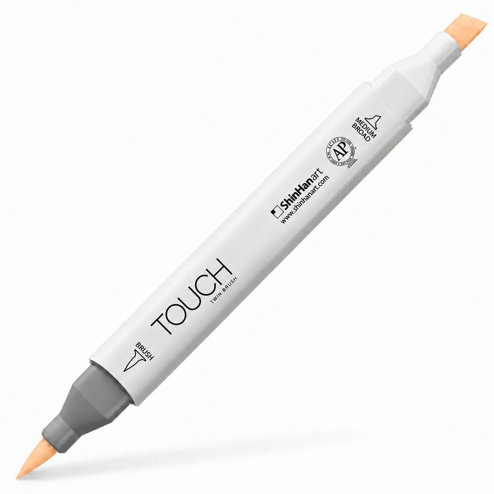 Imagen referencial del marcador ShinHan TOUCH TWIN BRUSH Y141 BUTTERCUP YELLOW, cuerpo blanco y doble punta pincel y cincel. Presentación por unidad.