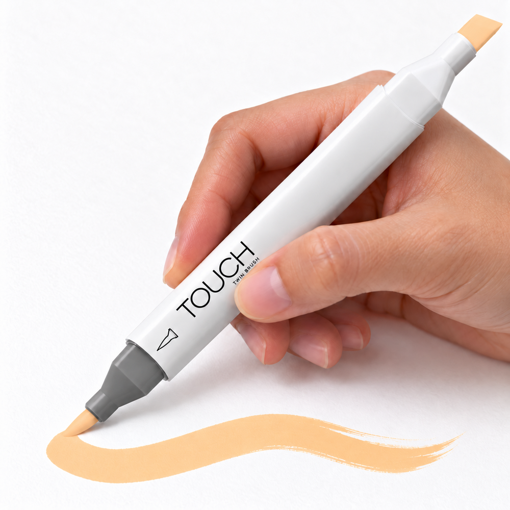 Imagen referencial de uso del marcador ShinHan TOUCH TWIN BRUSH Y141 BUTTERCUP YELLOW, cuerpo blanco y doble punta pincel y cincel. Presentación por unidad.