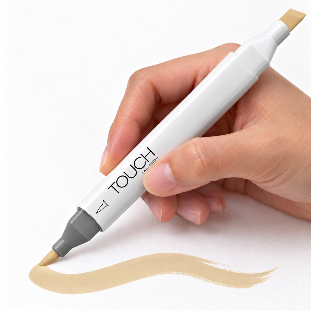 Imagen referencial de uso del marcador ShinHan TOUCH TWIN BRUSH Y223 STRAW YELLOW, cuerpo blanco y doble punta pincel y cincel. Presentación por unidad.