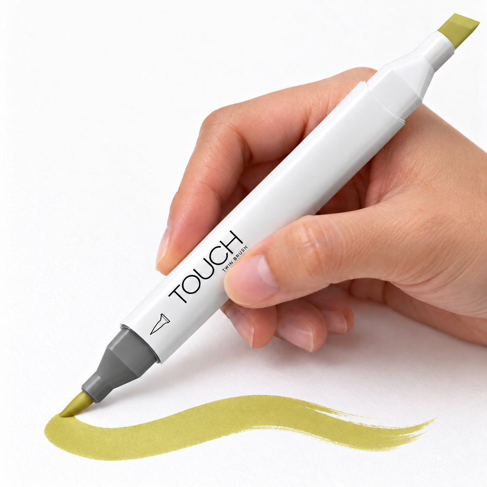 Marcador ShinHan TOUCH TWIN BRUSH Y224 OLIVE PALE, en uso, imagen referencial