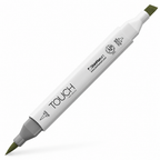 Imagen referencial del marcador ShinHan TOUCH TWIN BRUSH Y225 OLIVE GREEN DARK, cuerpo blanco y doble punta pincel y cincel. Presentación por unidad.