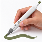 Imagen referencial de uso ShinHan TOUCH TWIN BRUSH Y225 OLIVE GREEN DARK, cuerpo blanco y doble punta pincel y cincel. Presentación por unidad.