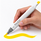 Imagen referencial de uso del marcador ShinHan TOUCH TWIN BRUSH Y34 YELLOW, cuerpo blanco y doble punta pincel y cincel. Presentación por unidad.