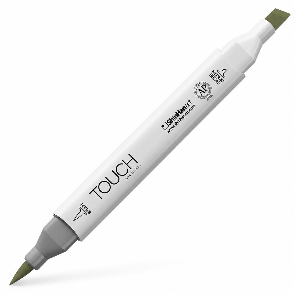 Imagen referencial del marcador ShinHan TOUCH TWIN BRUSH Y42 BRONZE GREEN, cuerpo blanco y doble punta pincel y cincel. Presentación por unidad.